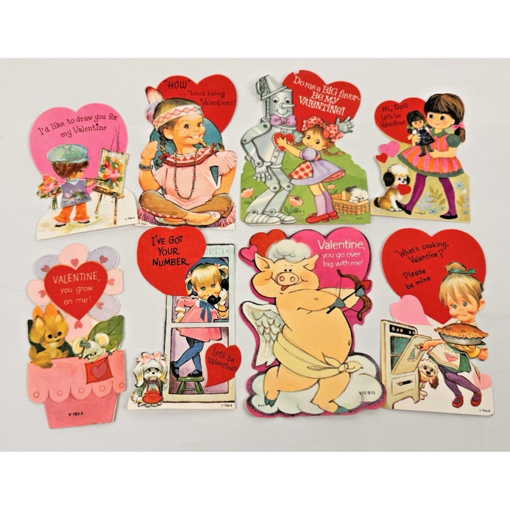 VTG 70's Kitschy Retro Die Cut‎ Valentine's Day Cards (8) Unused w/ Envelopes